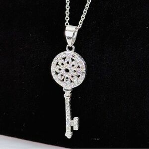 Silver Tone Crystal Vintage Style Key Pendant Necklace Floral Openwork